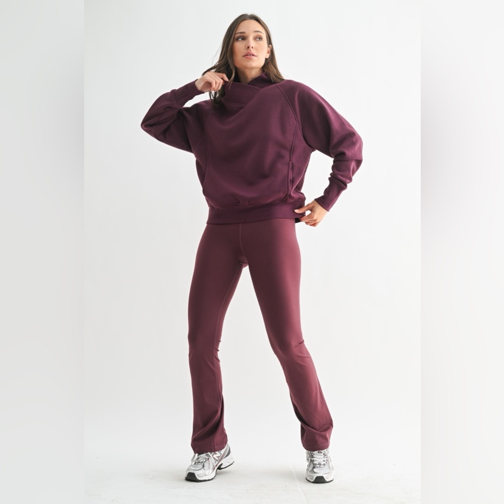 Mono B Dark Plum Fleece Mock Neck Sweater &  Crossover Waist Yoga Pants Set